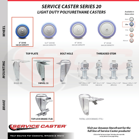 Service Caster 3 Inch Blue Polyurethane Wheel Swivel Top Plate Caster Set with 2 Brakes SCC SCC-20S314-PPUB-BLUE-TP3-2-TLB-2